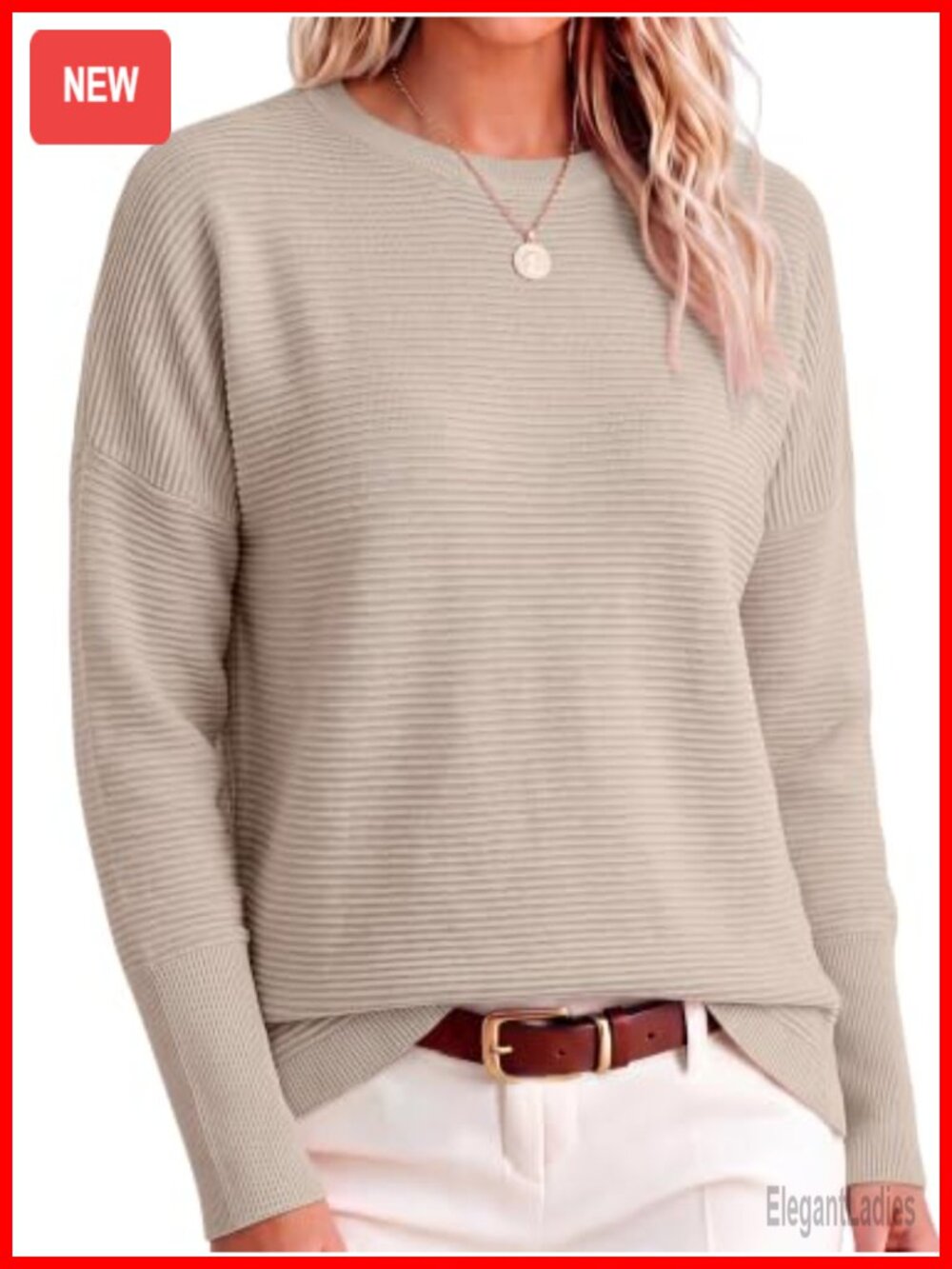 Oversized Ribbed Knit Sweater Batwing Sleeve Crew Neck Pullover